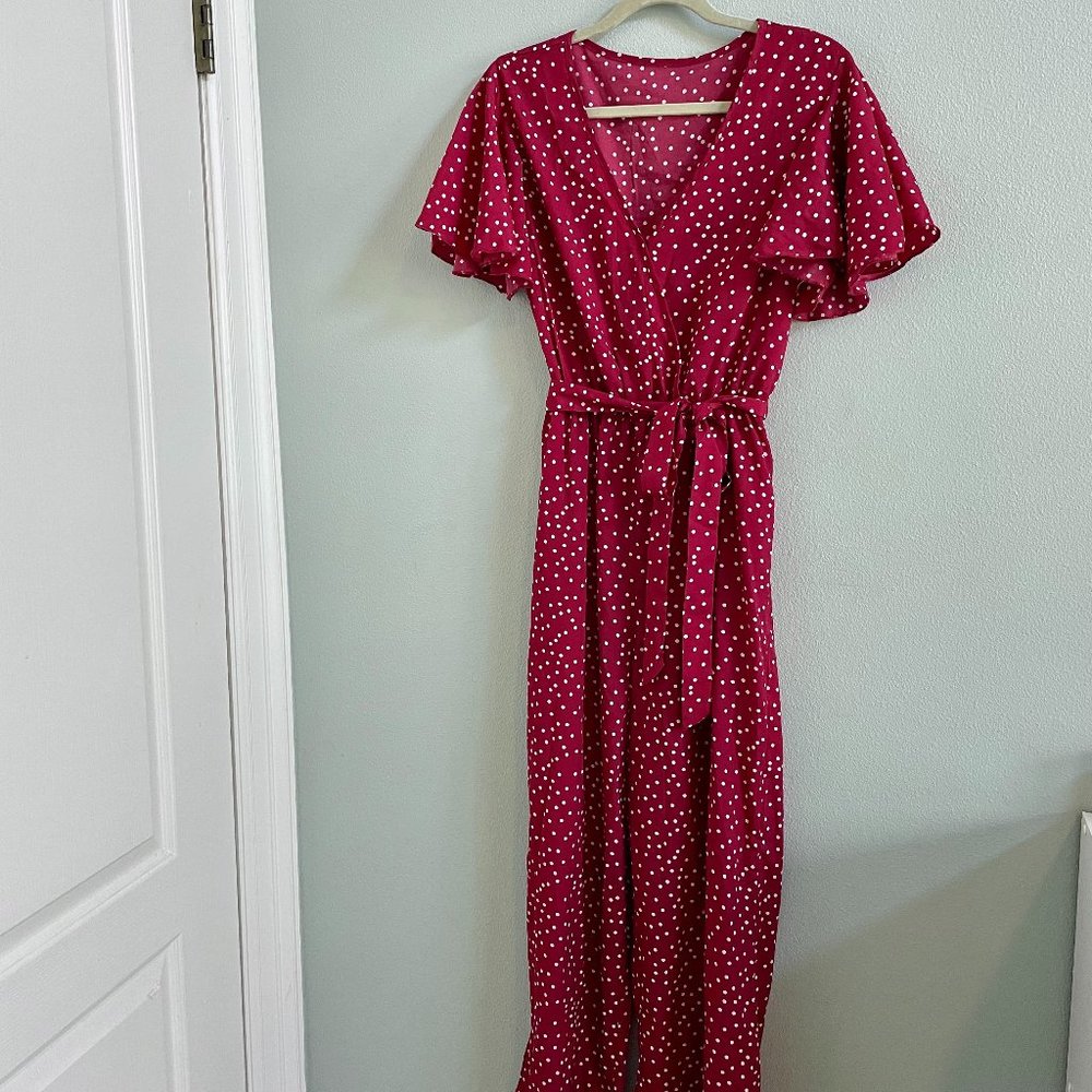 Red & White Polka Dot Jumpsuit with Waist Tie